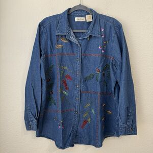 Bobby Brooks Shirt Womens Size XL Embroidered Christmas Holly Denim FLAW
